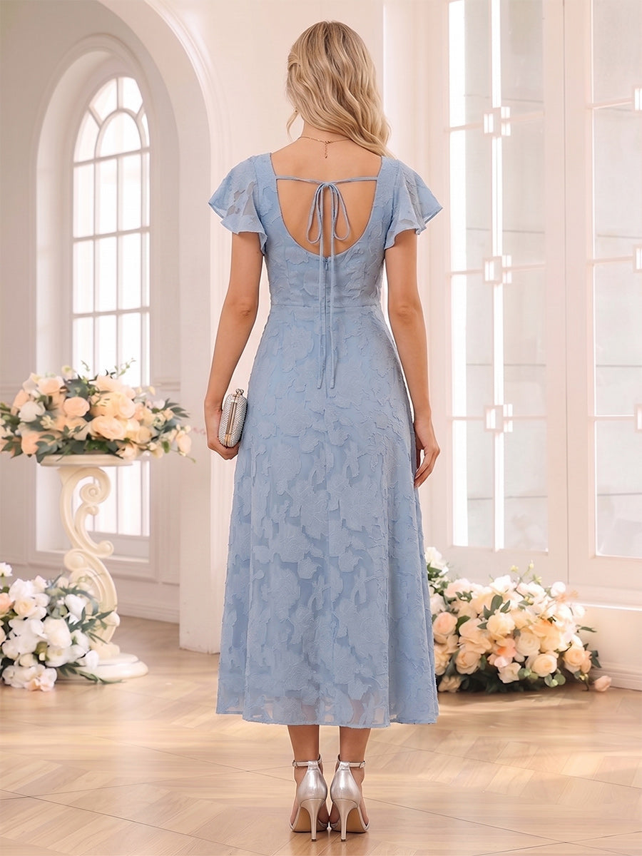 A-Line/Princess Square Neck Short Sleeves Tea-Length Bridesmaid Dresses with Split Side & Ruffles