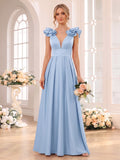 A-Line/Princess V-neck Sleeveless Floor-Length Bridesmaid Dresses with Ruched & Ruffles
