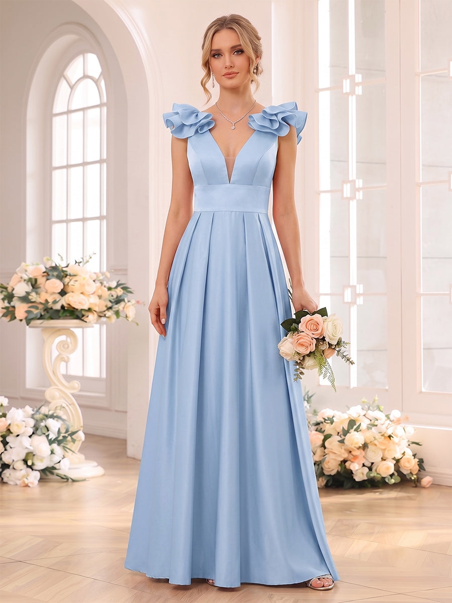 A-Line/Princess V-neck Sleeveless Floor-Length Bridesmaid Dresses with Ruched & Ruffles