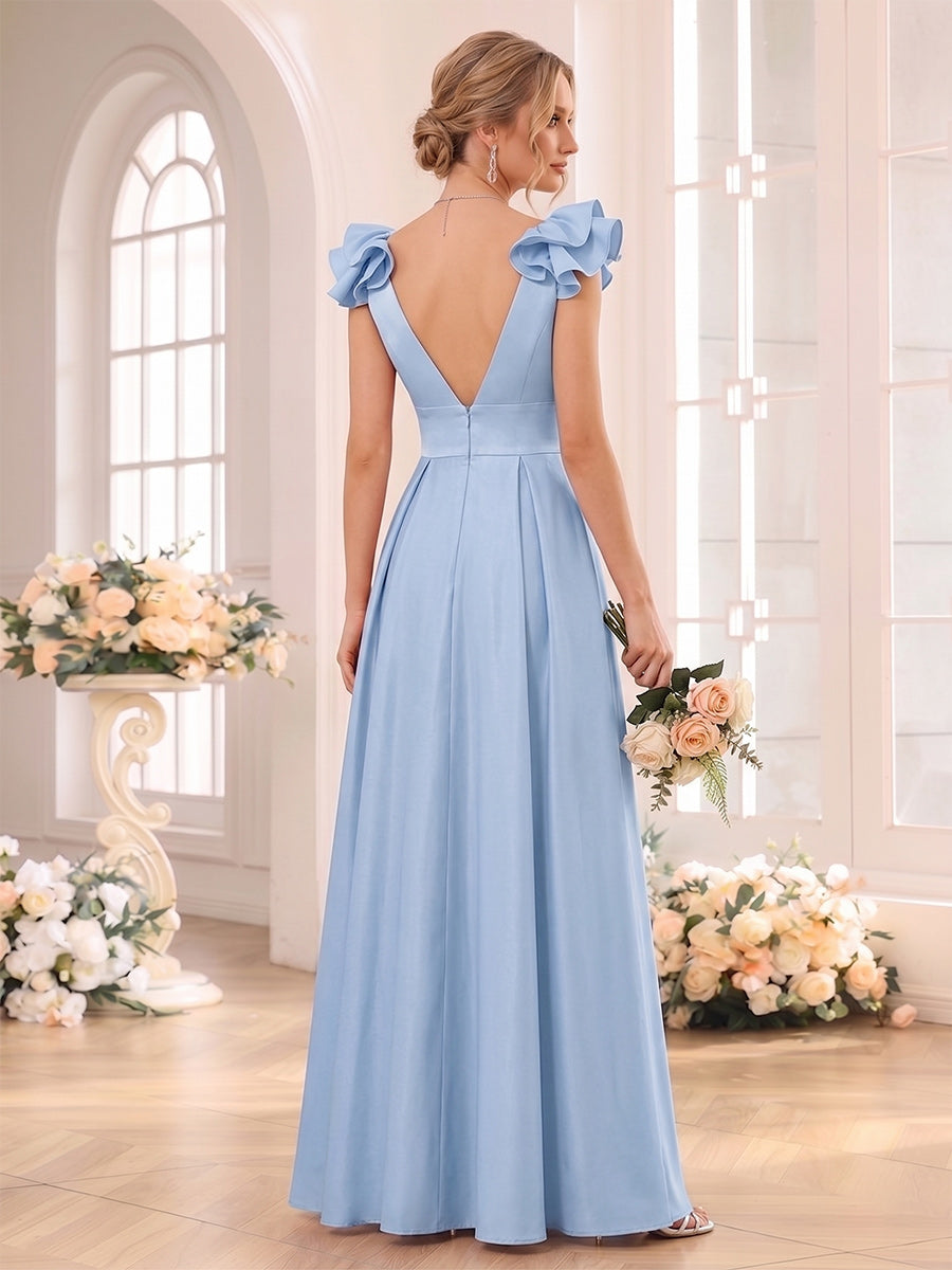 A-Line/Princess V-neck Sleeveless Floor-Length Bridesmaid Dresses with Ruched & Ruffles