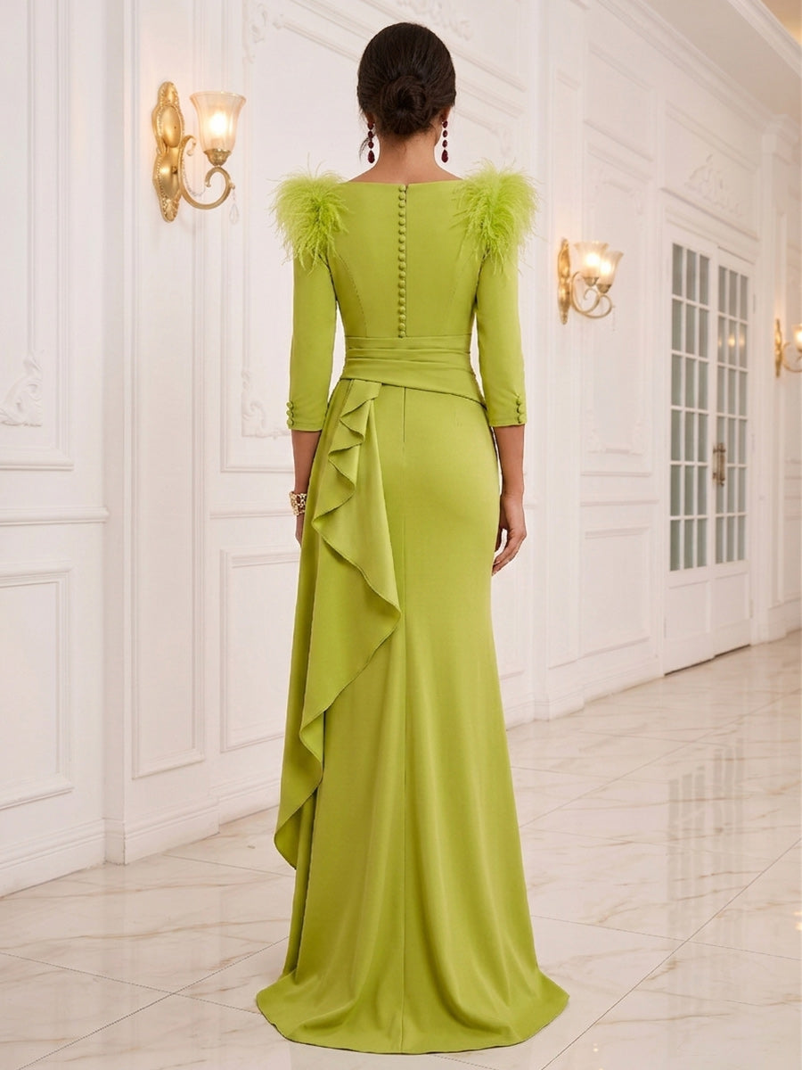 Trumpet/Mermaid 3/4 Sleeves V Neck Floor-Length Evening Dresses with Ruched & Ruffles