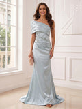 Trumpet/Mermaid One-Shoulder Asymmetric Floor-Length Evening Dresses with Ruched & Beading