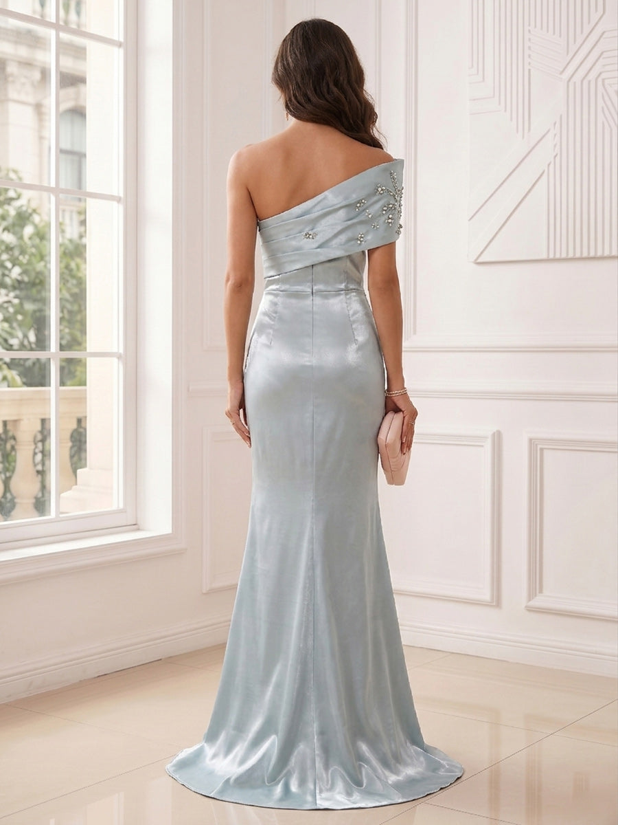 Trumpet/Mermaid One-Shoulder Asymmetric Floor-Length Evening Dresses with Ruched & Beading