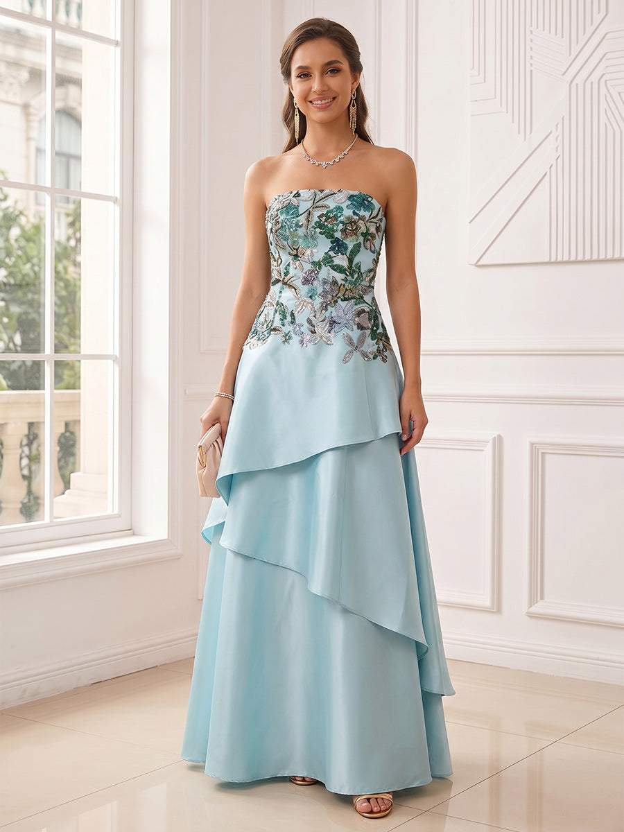 A-Line/Princess Strapless Sleeveless Floor-Length Evening Dresses with Ruffles & Appliques