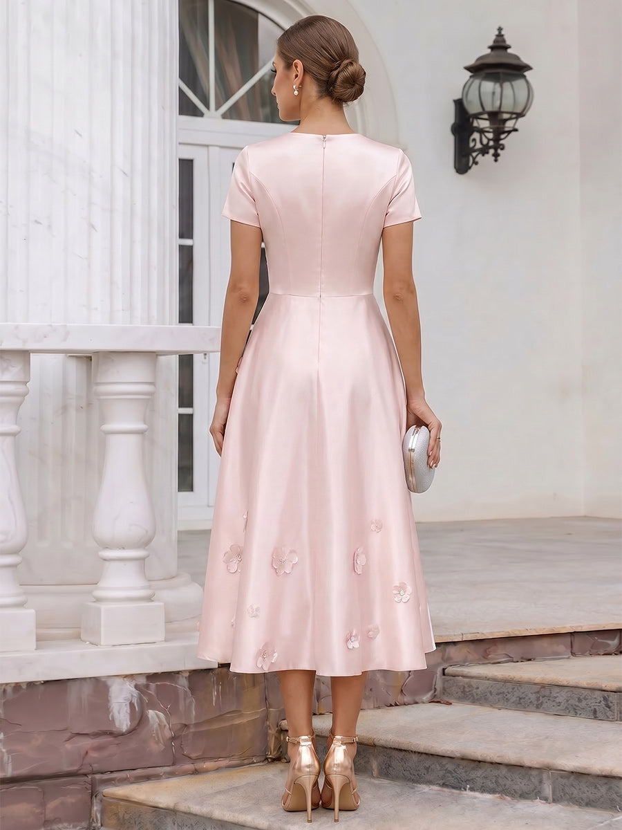 A-Line/Princess Scoop Short Sleeves Tea-Length Cocktail Dresses With 3D Floral & Pleats
