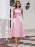 A-Line/Princess Scoop Sleeveless Tea-Length Cocktail Dresses With 3D Floral & Pocket