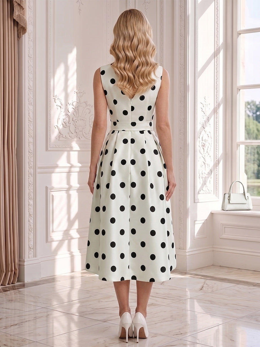 A-Line/Princess V Neck Sleeveless Tea-Length Wedding Guest Dresses with Ruched & Bowknot