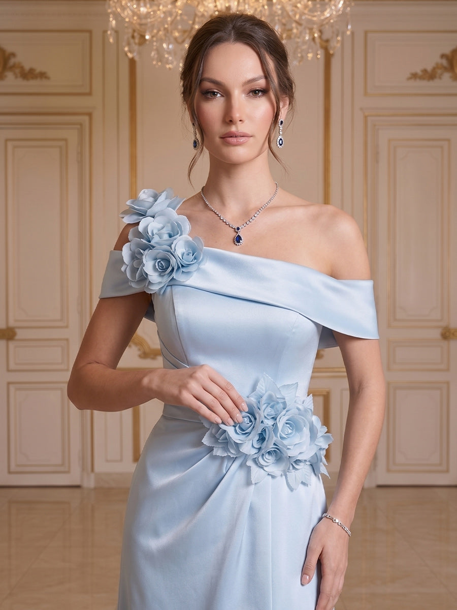 A-Line/Princess Off-The-Shoulder Sleeveless Floor-Length Evening Dresses with 3D Floral & Pleated