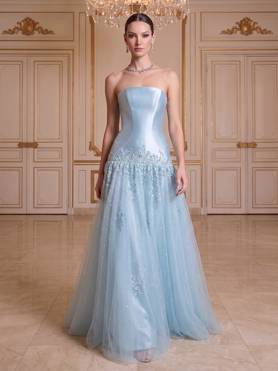 A-Line/Princess Strapless Sleeveless Floor-Length Evening Dresses with Applique & Beading