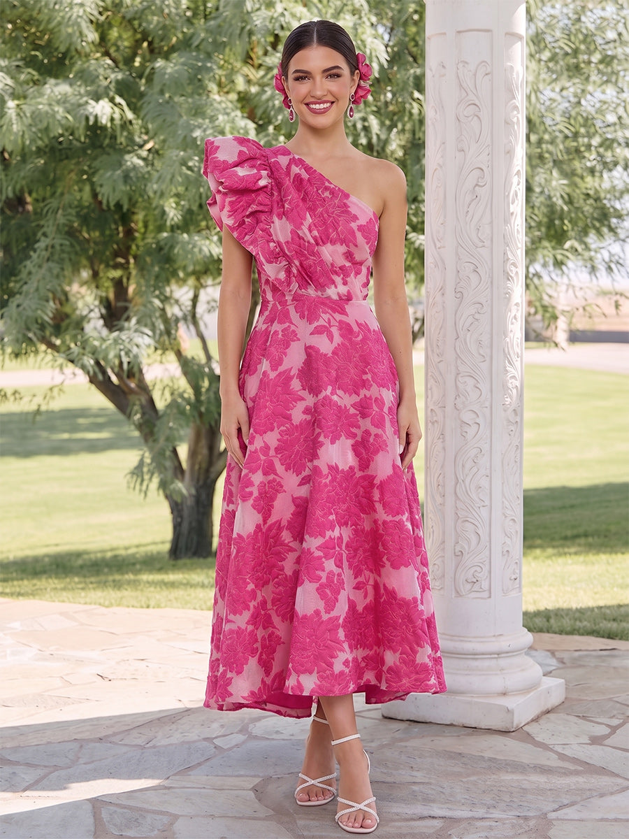 A-Line/Princess One-Shoulder Sleeveless Ankle-Length Wedding Guest Dresses with Ruched & Ruffles