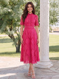 A-Line/Princess High Neck Short Sleeves Tea-Length Wedding Guest Dresses with Ruched & Lace