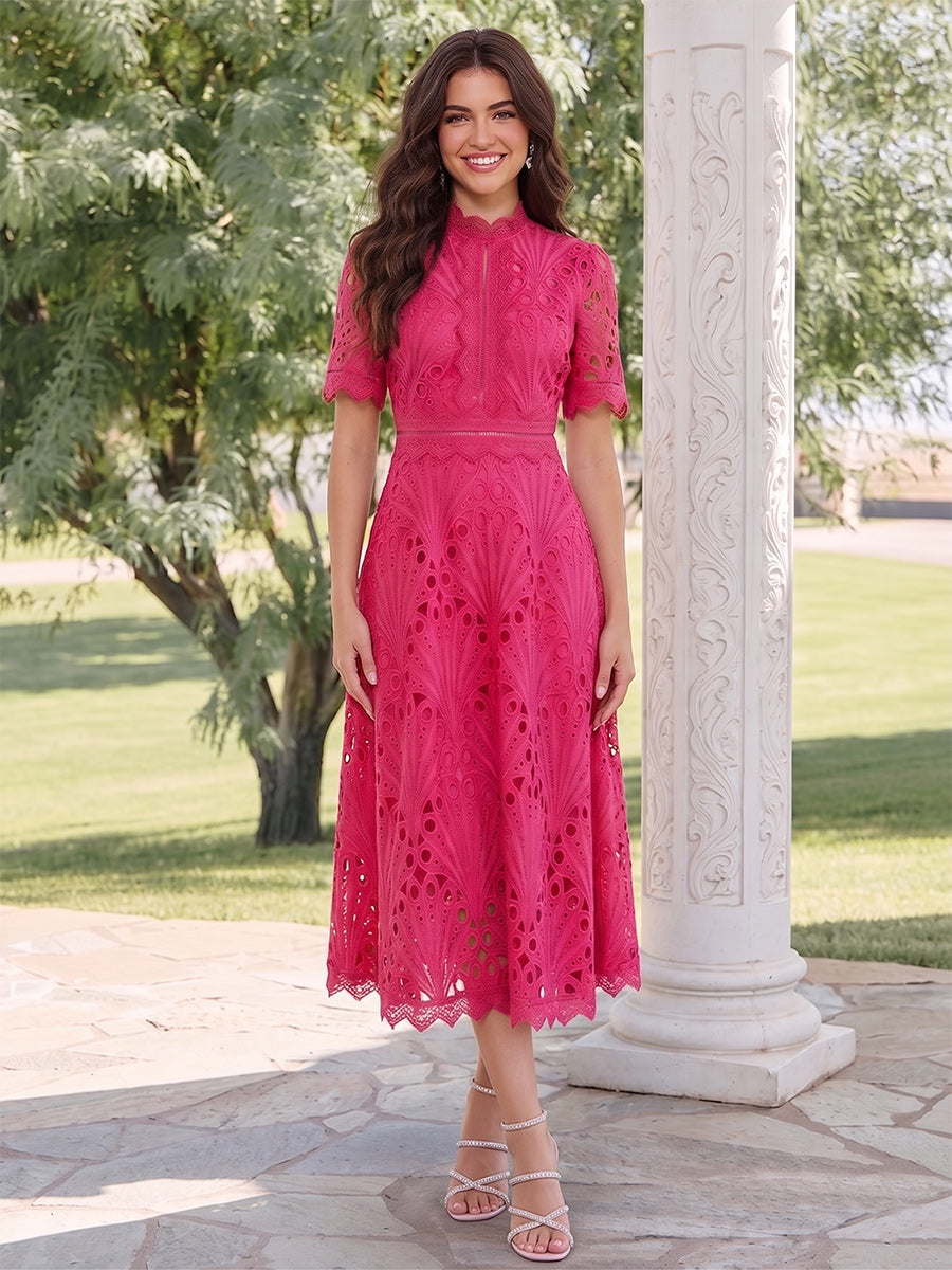 A-Line/Princess High Neck Short Sleeves Tea-Length Wedding Guest Dresses with Ruched & Lace
