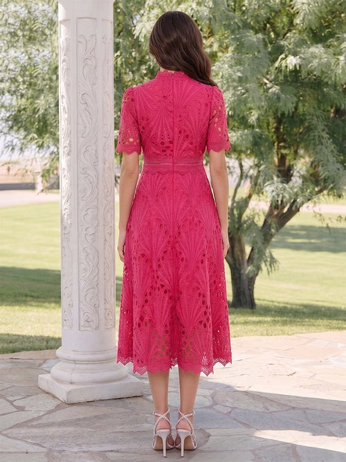 A-Line/Princess High Neck Short Sleeves Tea-Length Wedding Guest Dresses with Ruched & Lace