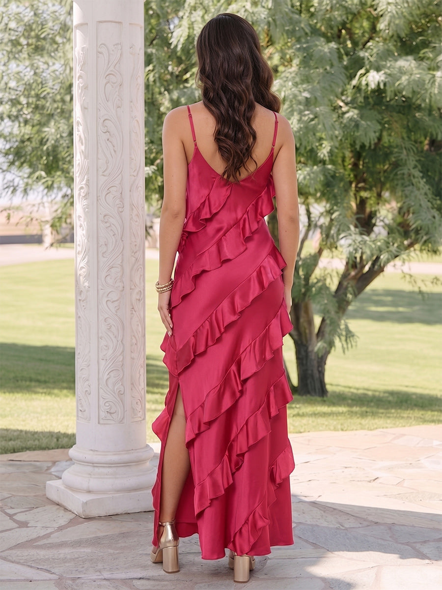 Sheath/Column Spaghetti Straps Sleeveless Ankle-Length Wedding Guest Dresses with Split Side & Ruffles