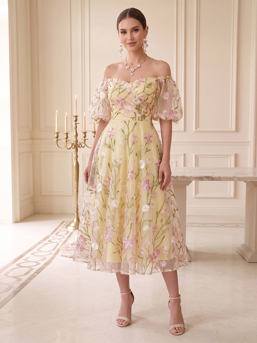 A-Line/Princess Strapless Puff Sleeves Tea-Length Wedding Guest Dresses with Applique & Lace