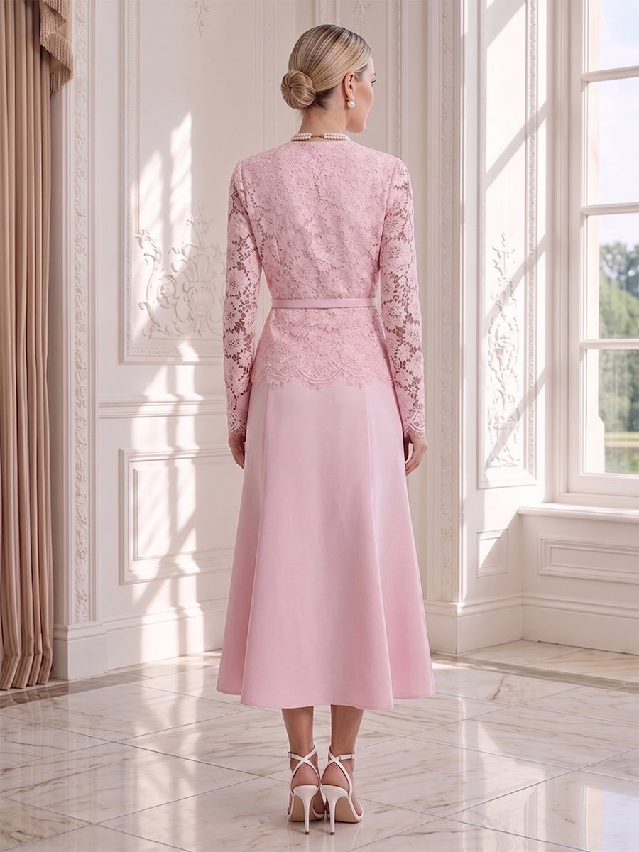 Trumpet/Mermaid 2 Pieces Scoop Long Sleeves Tea-Length Wedding Guest Dresses with Belt & Lace