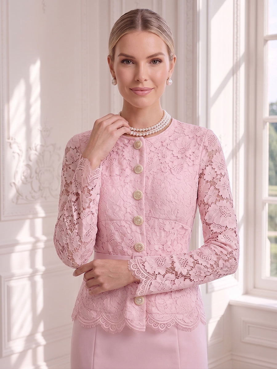 Trumpet/Mermaid 2 Pieces Scoop Long Sleeves Tea-Length Wedding Guest Dresses with Belt & Lace