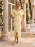 Trumpet/Mermaid Sweetheart Half Sleeves Asymmetrical Wedding Guest Dresses with Rhinestone