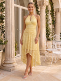 A-Line/Princess Halter Sleeveless Asymmetrical Wedding Guest Dresses with Lace & Keyhole