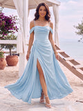 Sheath/Column Off the Shoulder Cowl Neck Sleeveless Floor-Length Bridesmaid Dresses with  Pleated & Split Side