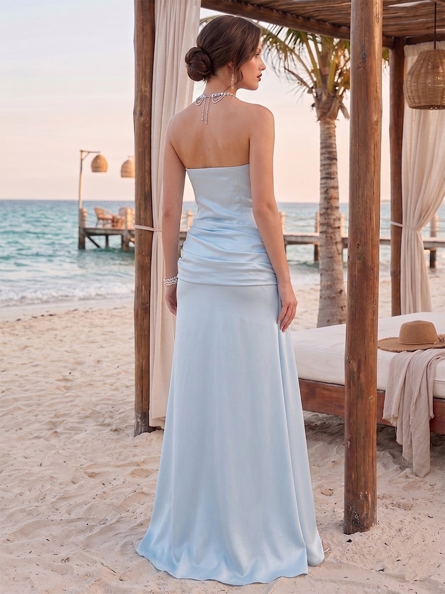 Sheath/Column Strapless Sleeveless Floor-Length Bridesmaid Dresses with  Sash & Ruched