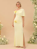 Sheath/Column Asymmetrical Cap Sleeves Floor-Length Long Bridesmaid Dresses With Ruched & 3D Floral