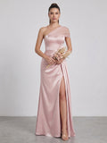 Sheath/Column Asymmetrical One-Shoulder Long Bridesmaid Dresses With Pleated & Split Side