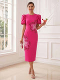 Sheath/Column Scoop Puff Sleeves Tea-Length Cocktail Dresses With Flower