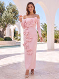 Sheath/Column Off-the-Shoulder Long Sleeves Ankle-Length Cocktail Dresses With 3D Floral