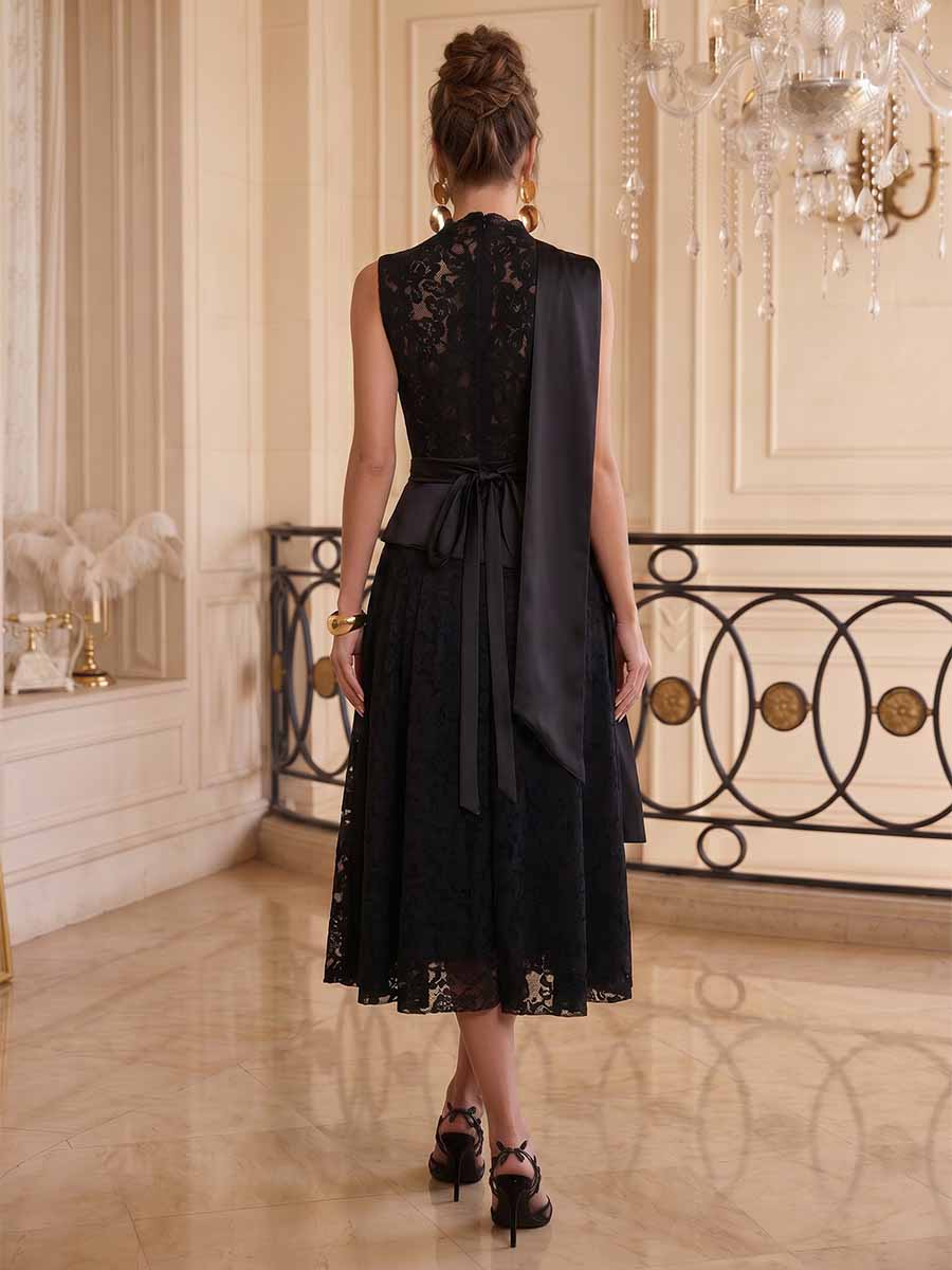 A-Line/Princess High Neck Sleeveless Asymmetrical Cocktail Dresses With Pleats & Lace