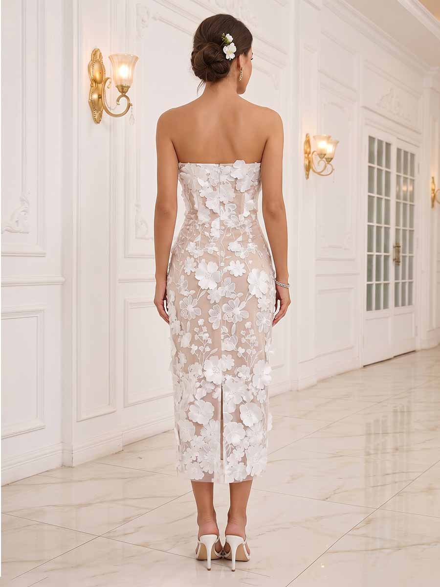 Sheath/Column Strapless Sleeveless Tea-Length Cocktail Dresses With Applique & 3D Floral
