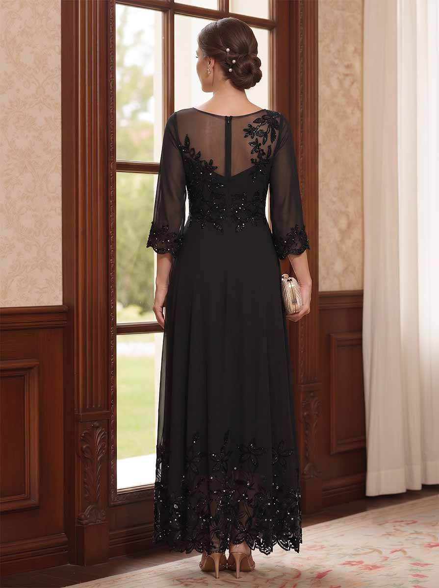 A-Line/Princess Scoop Long Sleeves Ankle Length Mother of the Bride Dresses With Embroidery & Lace