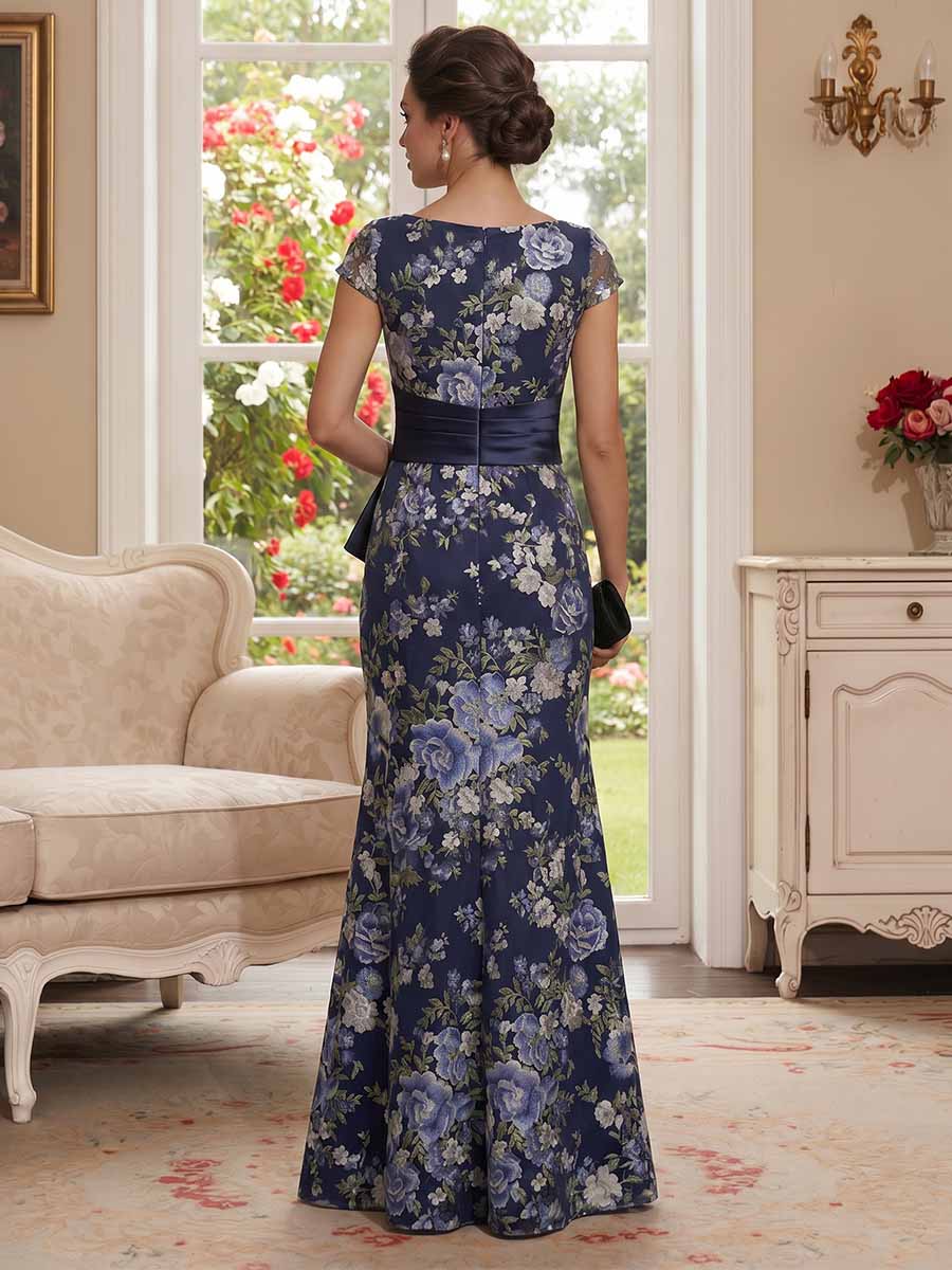 Trumpet/Mermaid Scoop Cap Sleeves Floor-Length Mother of the Bride Dresses with Split Side & Sash