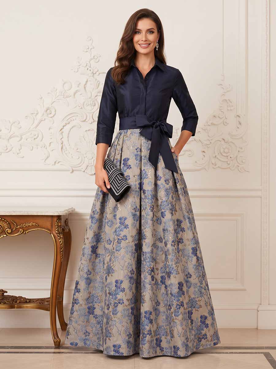A-Line/Princess 3/4 Sleeves Shirt Collar Floor-Length Mother Of The Bride Dresses With Bowknot
