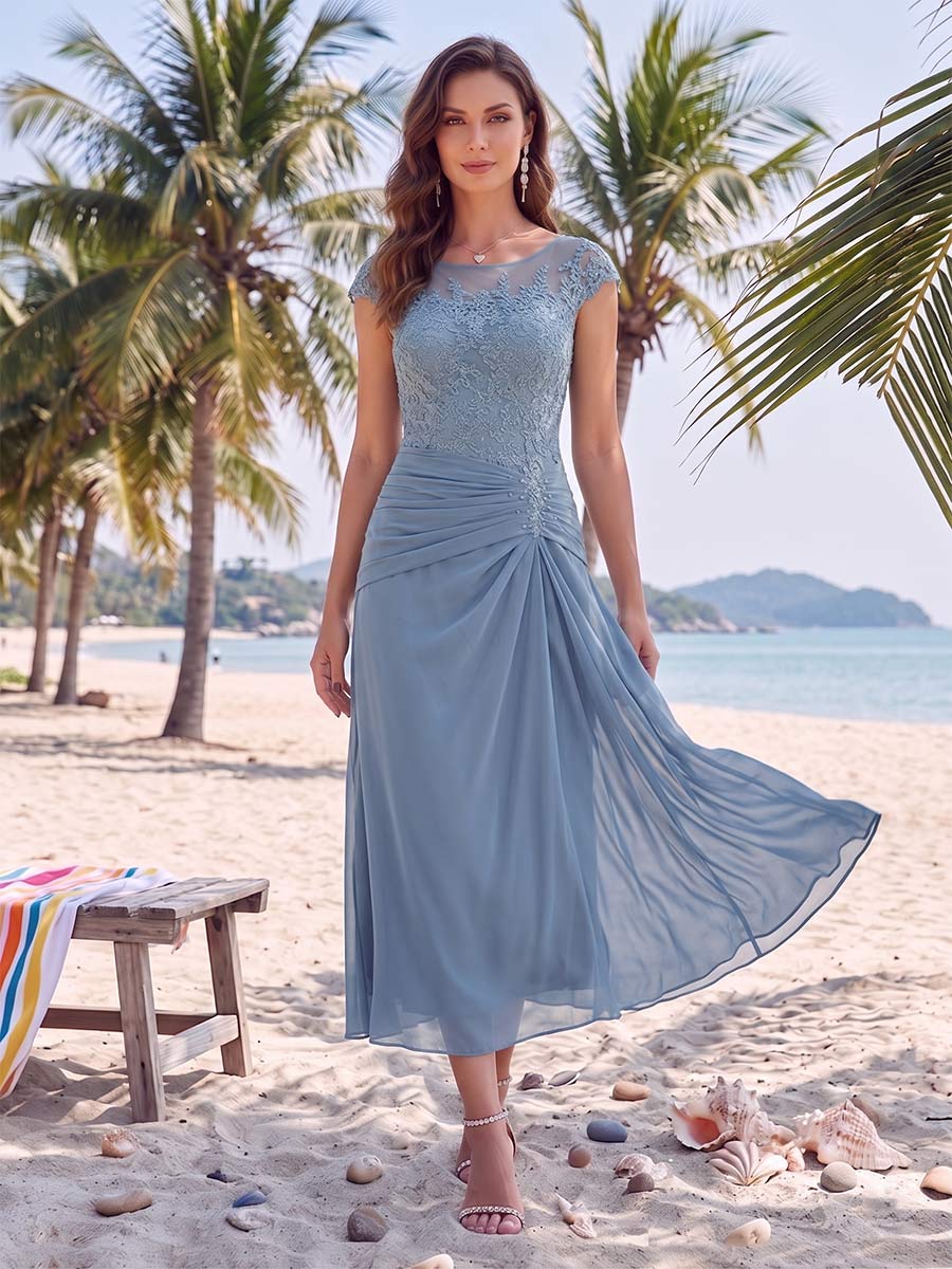 Sheath/Column Scoop Short Sleeves Tea-Length Mother Of The Bride Dresses With Applique & Ruched
