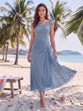 Sheath/Column Scoop Short Sleeves Tea-Length Mother Of The Bride Dresses With Applique & Ruched