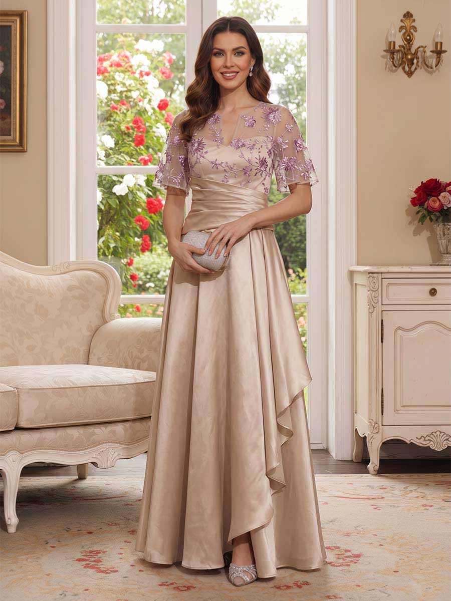 A-Line/Princess Short Sleeves V-Neck Floor-Length Mother Of The Bride Dresses With Appliques & Ruffles