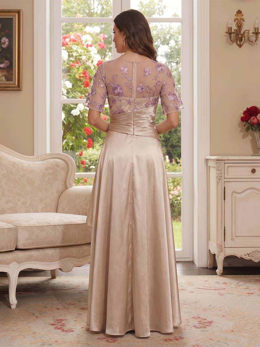 A-Line/Princess Short Sleeves V-Neck Floor-Length Mother Of The Bride Dresses With Appliques & Ruffles