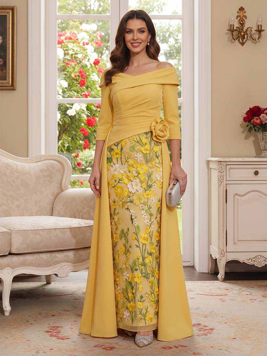 A-Line/Princess 3/4 Sleeves V-Neck Floor-Length Mother Of The Bride Dresses With 3D Floral & Applique