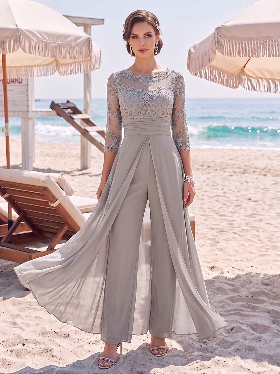 Jumpsuit Scoop 3/4 Sleeves Floor-Length Mother of the Bride Dresses with Applique & Lace