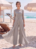 Jumpsuit Scoop 3/4 Sleeves Floor-Length Mother of the Bride Dresses with Applique & Lace