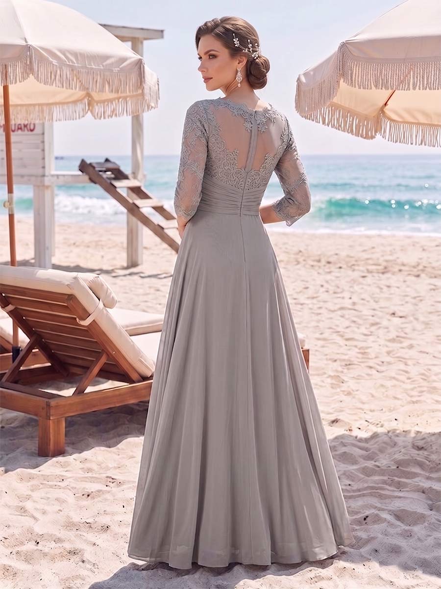 Jumpsuit Scoop 3/4 Sleeves Floor-Length Mother of the Bride Dresses with Applique & Lace