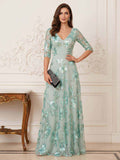 A-Line/Princess Half Sleeves V-Neck Floor-Length Mother Of The Bride Dresses With Lace & Applique