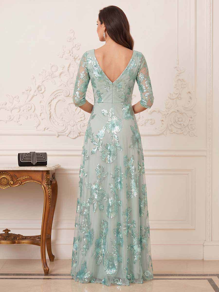A-Line/Princess Half Sleeves V-Neck Floor-Length Mother Of The Bride Dresses With Lace & Applique