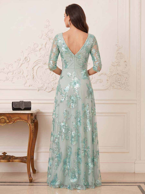 A-Line/Princess Half Sleeves V-Neck Floor-Length Mother Of The Bride Dresses With Lace & Applique