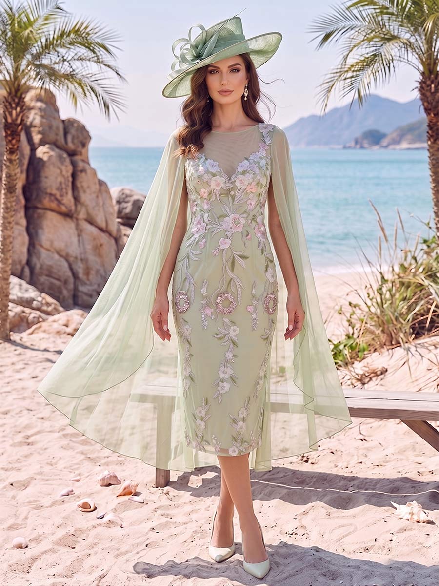Sheath/Column Scoop Sleeveless Knee-Length Mother of the Bride Dresses with Applique & Cape