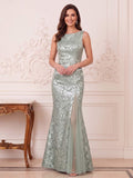 Trumpet/Mermaid Boat Neck Sleeveless Floor-Length Mother of the Bride Dresses with Lace & Split Side