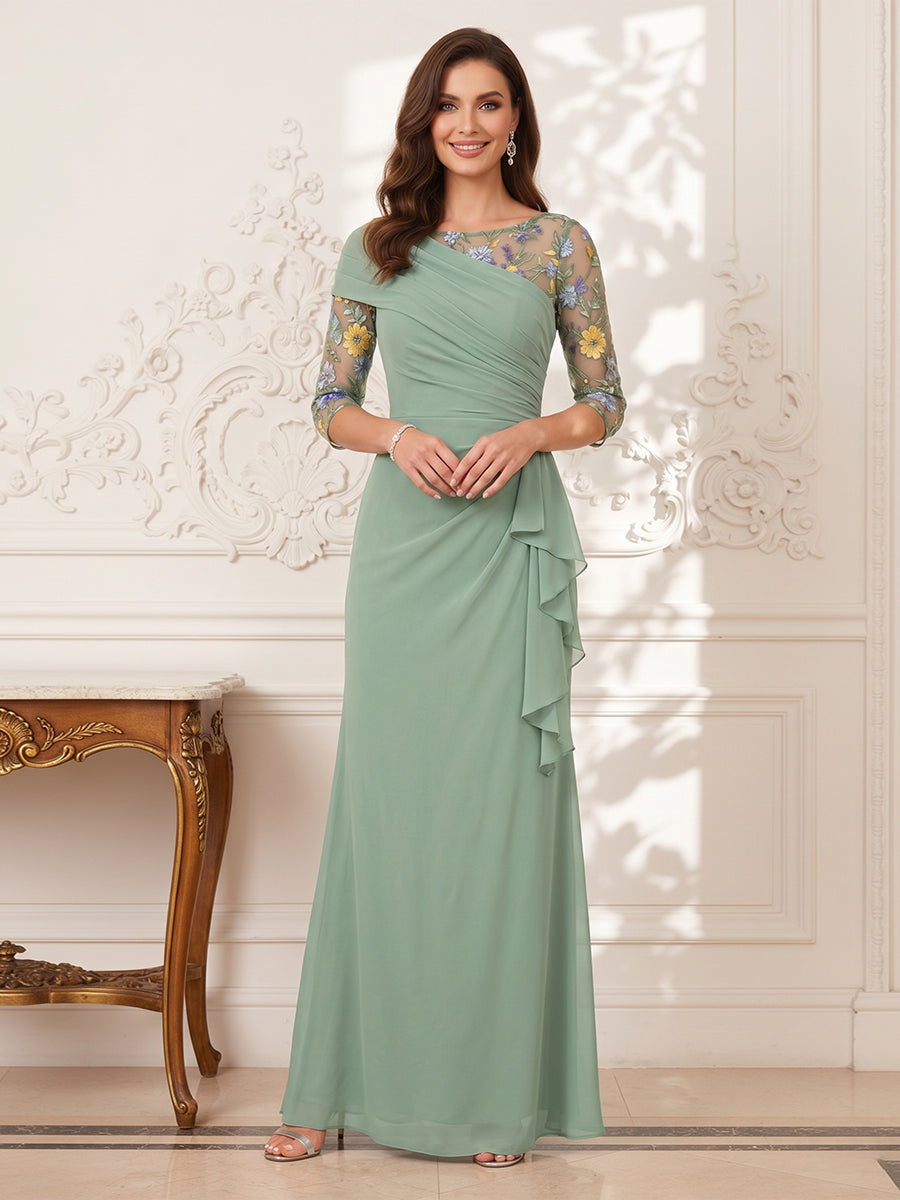Sheath/Column Scoop 3/4 Sleeves Floor-Length Mother of the Bride Dresses with Applique & Ruffles
