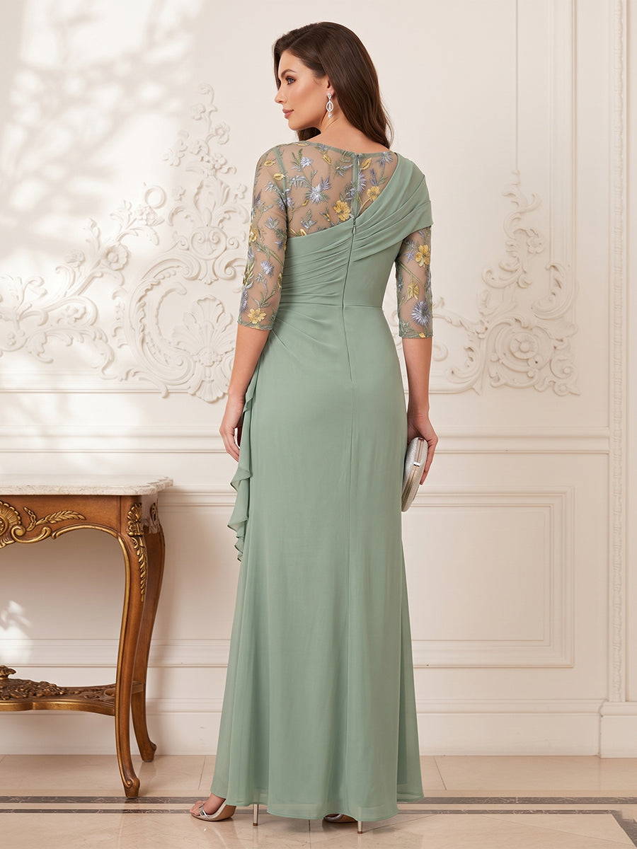 Sheath/Column Scoop 3/4 Sleeves Floor-Length Mother of the Bride Dresses with Applique & Ruffles