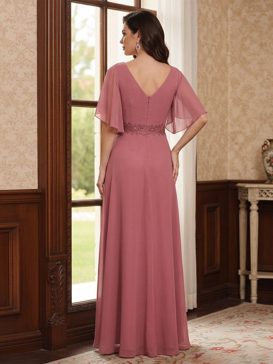 A-Line/Princess V-Neck Half Sleeves Floor-Length Mother of the Bride Dresses with Ruffles & Appliques